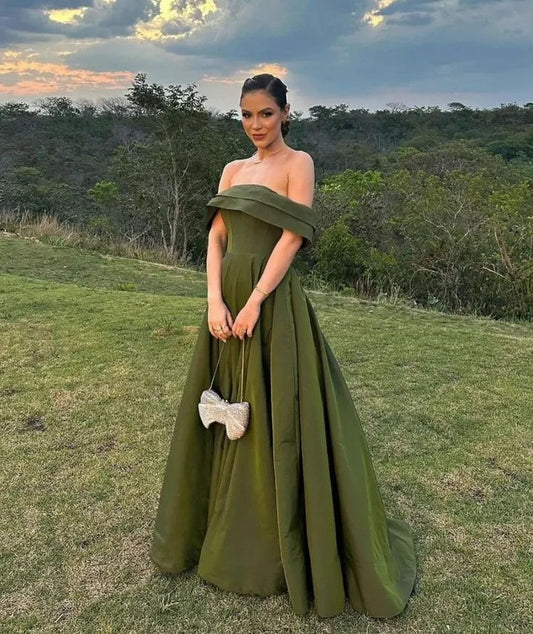 Elegant Ballgown Off-Shoulder Structured Satin Olive Green Maxi Evening Dress for Women