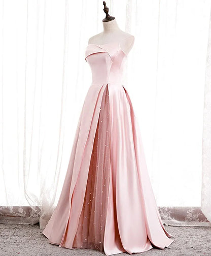 Elegant Ballgown Strapless Pearl-Accent Blush Long Prom Dress for Women Ready to Ship