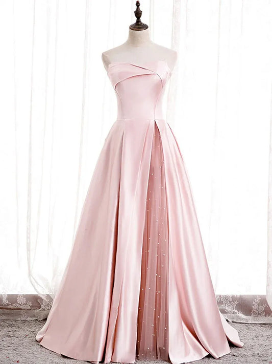 Elegant Ballgown Strapless Pearl-Accent Blush Long Prom Dress for Women Ready to Ship