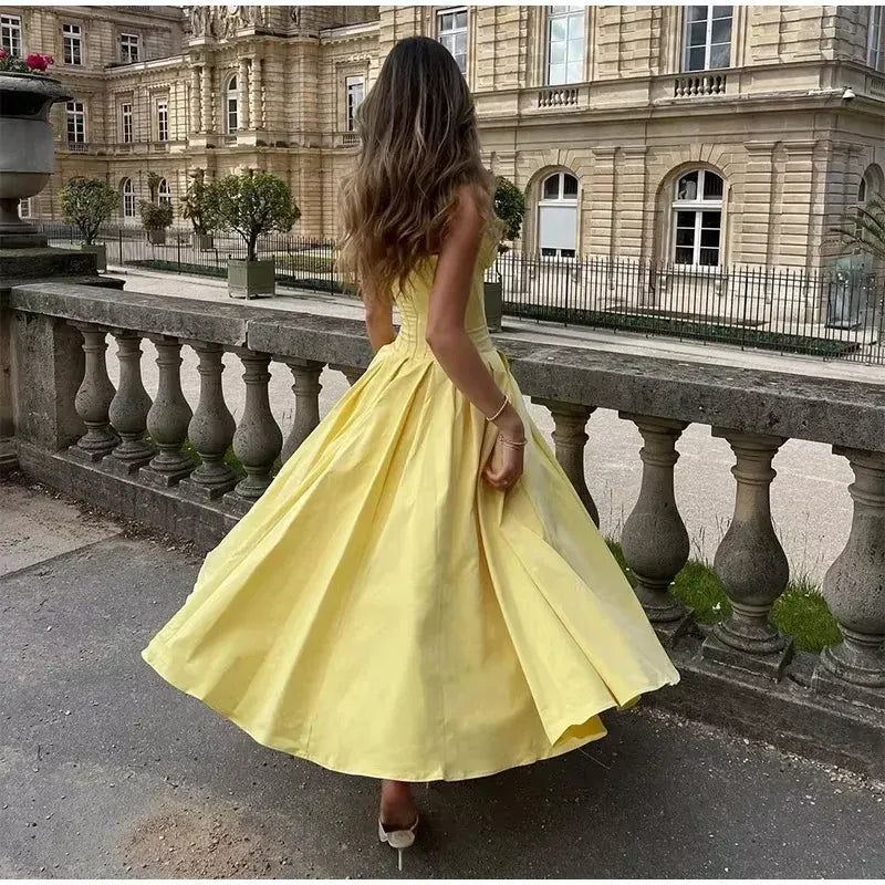 Elegant Ballgown Strapless Sleeveless Boned Satin Yellow Floor-Length Evening Dress for Women