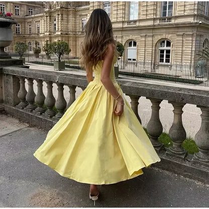 Elegant Ballgown Strapless Sleeveless Boned Satin Yellow Floor-Length Evening Dress for Women