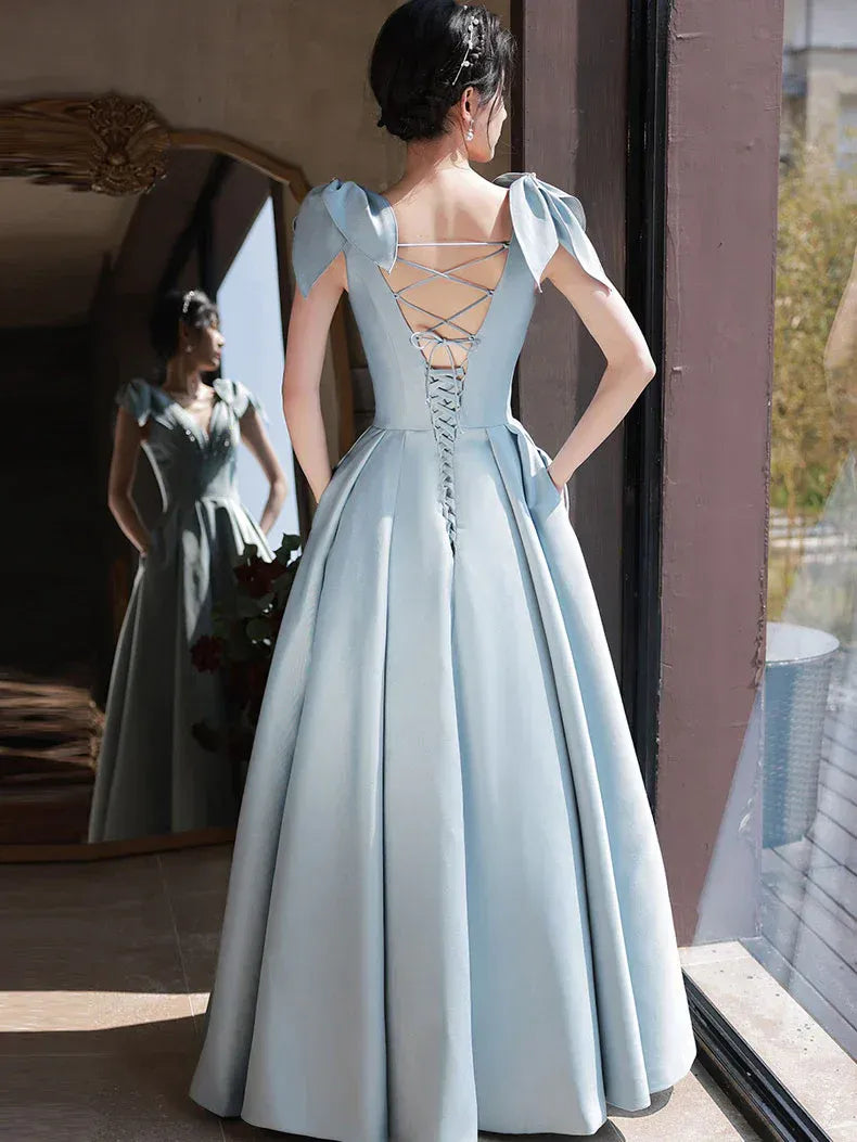 Elegant Ballgown V-Neck Sleeveless Bow-Accented Dusty-Blue Maxi Prom Dress for Women Custom