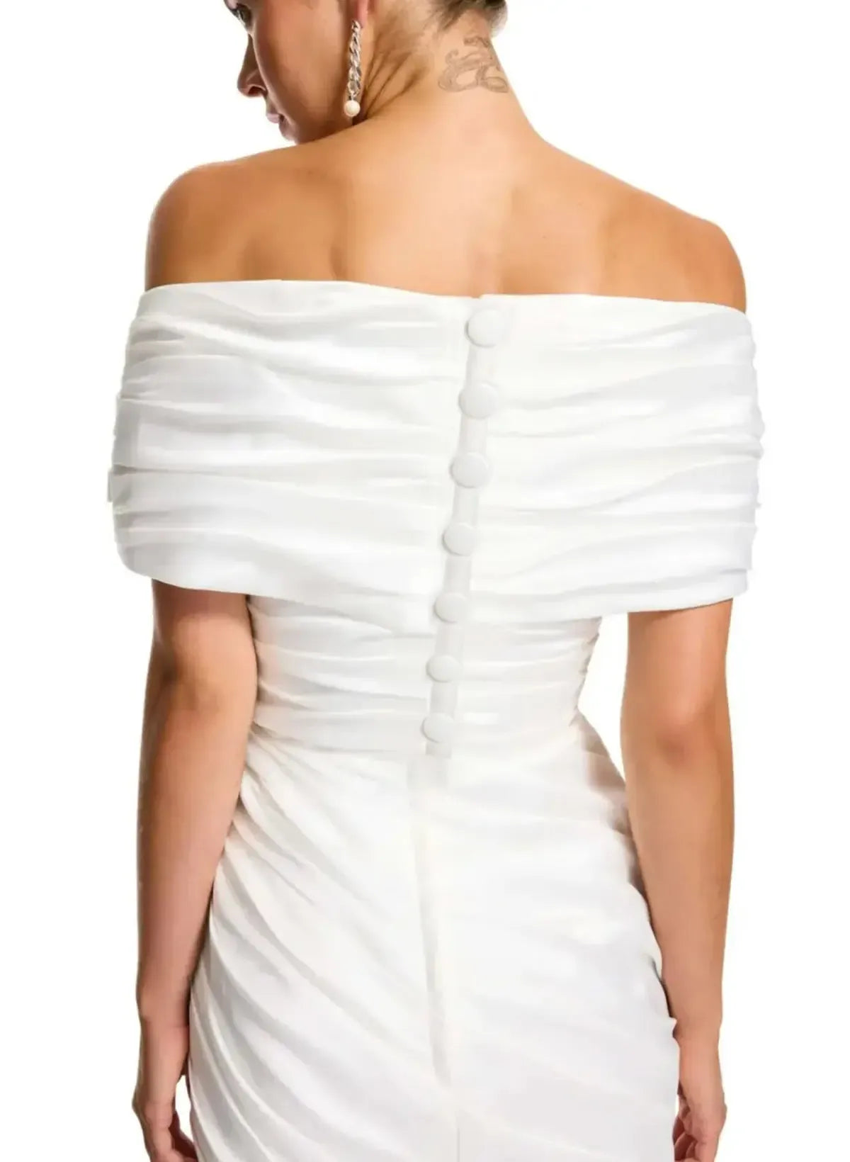 Elegant Bodycon Off-Shoulder Ruched White Short Homecoming Dress With Buttons