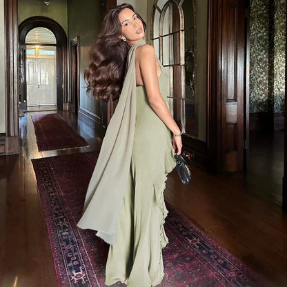 Elegant Bodycon V Neck Sleeveless Ruffles Chiffon Floor-Length Prom Dress
