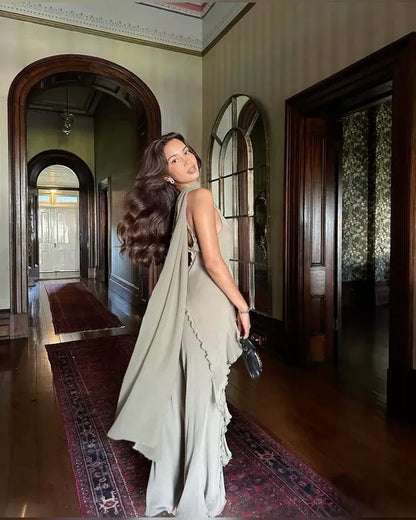 Elegant Bodycon V Neck Sleeveless Ruffles Chiffon Floor-Length Prom Dress