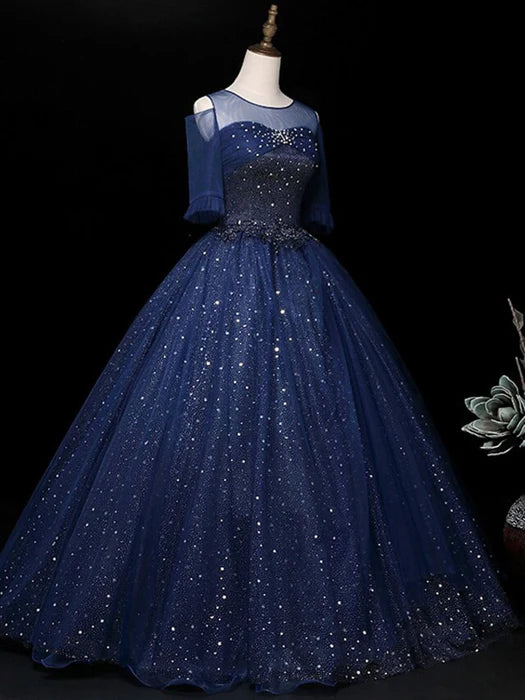 Elegant Cold Shoulder Beaded Navy Floor-Length Party Dress