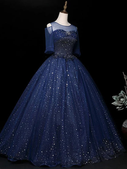 Elegant Cold Shoulder Beaded Navy Floor-Length Party Dress