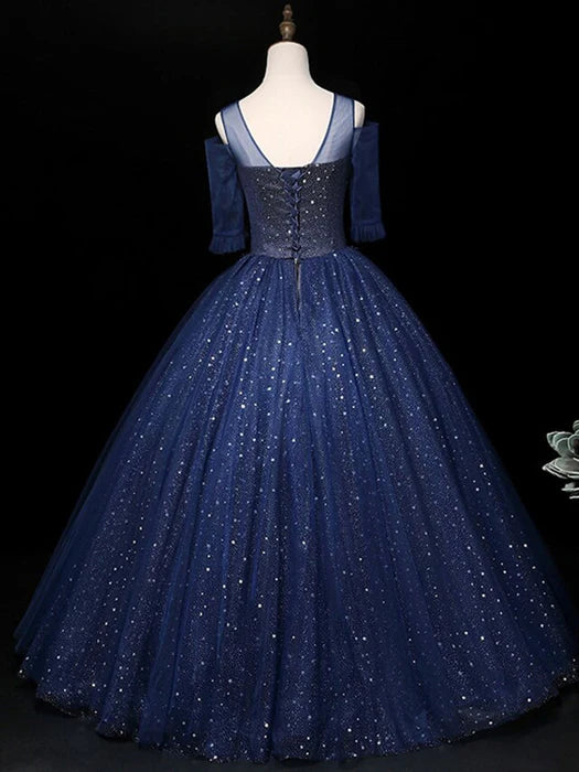 Elegant Cold Shoulder Beaded Navy Floor-Length Party Dress