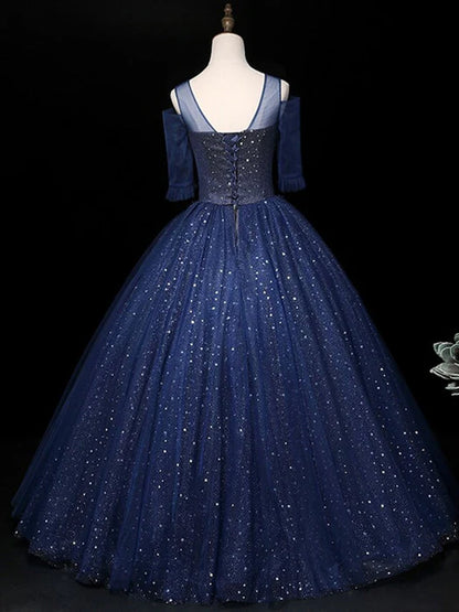 Elegant Cold Shoulder Beaded Navy Floor-Length Party Dress