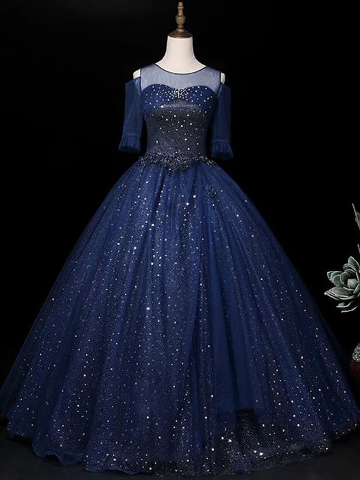Elegant Cold Shoulder Beaded Navy Floor-Length Party Dress