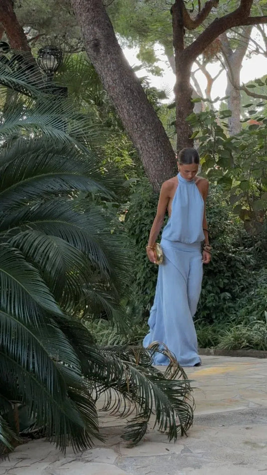 Elegant Column Halter Sleeveless Backless Sky-blue Floor-length Prom Dress for Women Ready to Ship