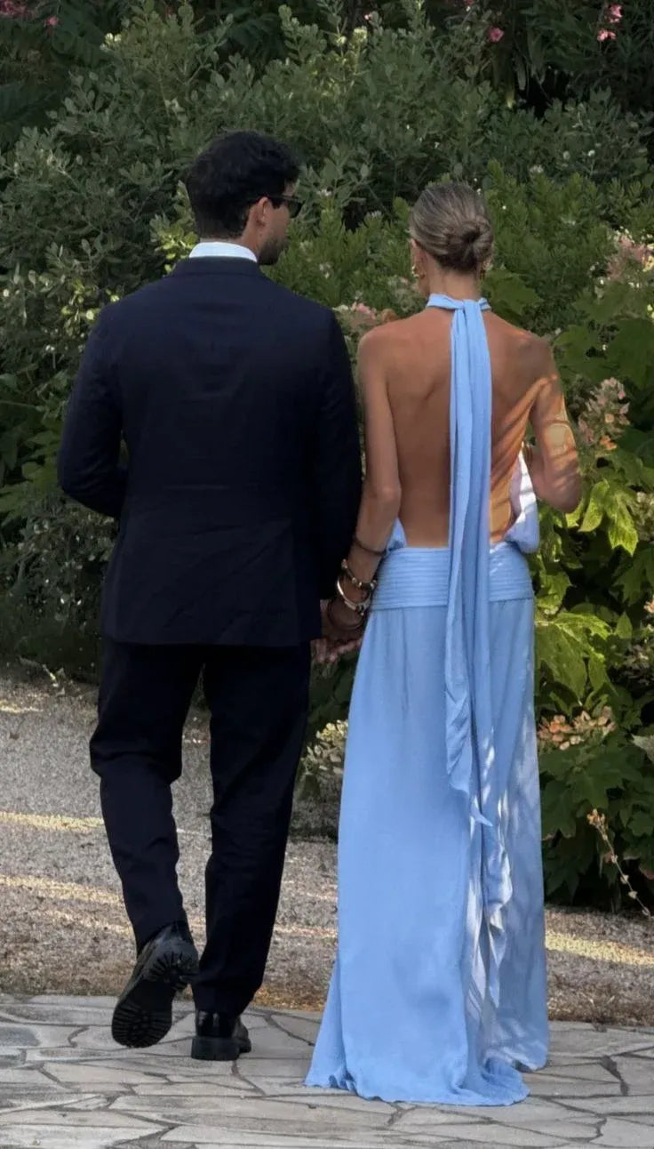Elegant Column Halter Sleeveless Backless Sky-blue Floor-length Prom Dress for Women Ready to Ship