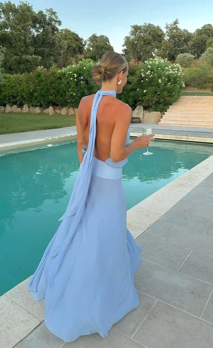 Elegant Column Halter Sleeveless Backless Sky-blue Floor-length Prom Dress for Women Ready to Ship