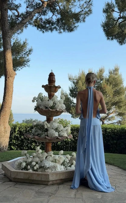 Elegant Column Halter Sleeveless Backless Sky-blue Floor-length Prom Dress for Women Ready to Ship