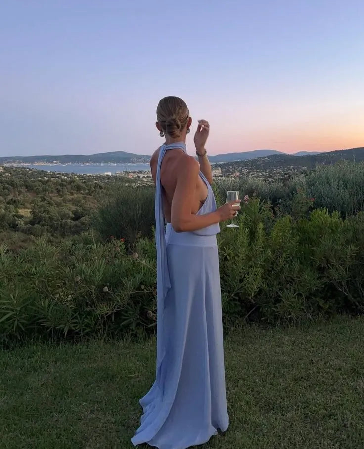 Elegant Column Halter Sleeveless Backless Sky-blue Floor-length Prom Dress for Women Ready to Ship