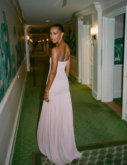 Elegant Column Strapless Pleated Blush Maxi Prom Dress for Women ready to ship