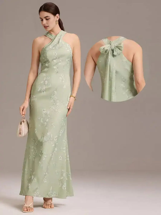 Elegant Cross Halter Neck Floral Satin Bridesmaid Dress with Bow Back