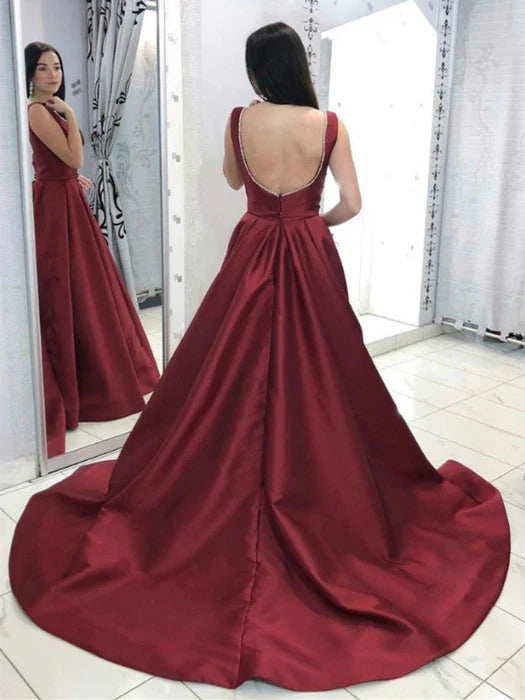 Elegant Deep V Sleeveless Satin Burgundy Floor-Length Prom Dress