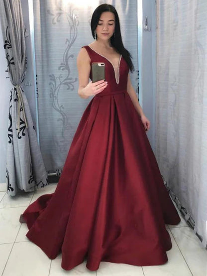 Elegant Deep V Sleeveless Satin Burgundy Floor-Length Prom Dress