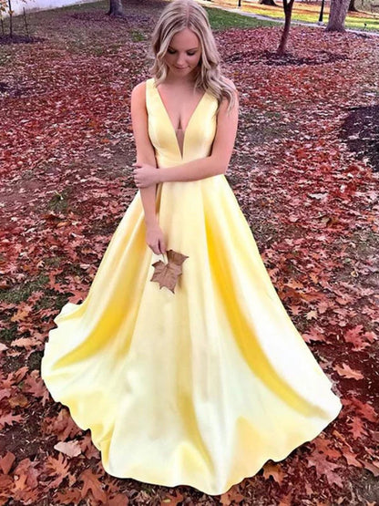 Elegant Deep V Sleeveless Satin Yellow Floor-Length Prom Dress