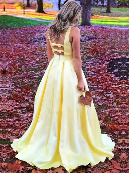 Elegant Deep V Sleeveless Satin Yellow Floor-Length Prom Dress