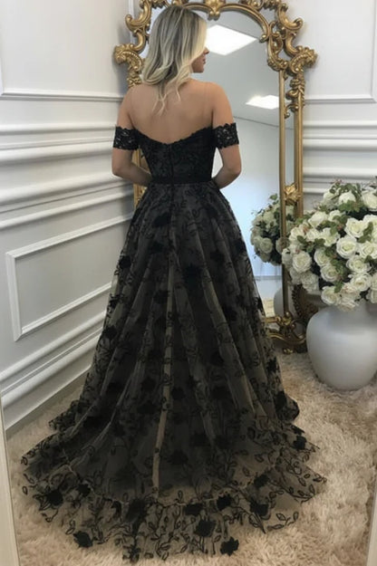 Elegant Embroidery Black Lace Off-Shoulder Prom Gown