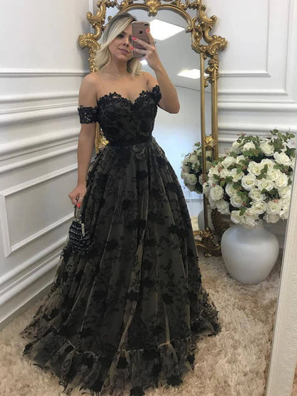 Elegant Embroidery Black Lace Off-Shoulder Prom Gown