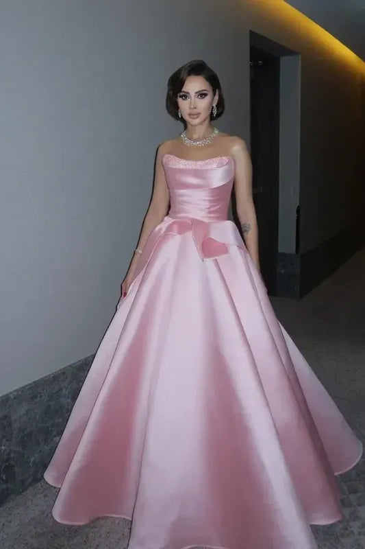 Elegant Empire Strapless Sleeveless Satin Floor-Length Prom Dress