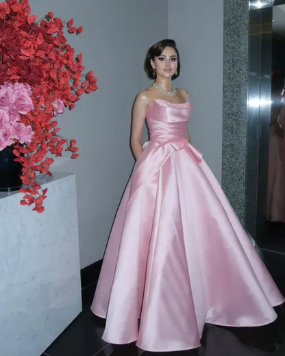 Elegant Empire Strapless Sleeveless Satin Floor-Length Prom Dress