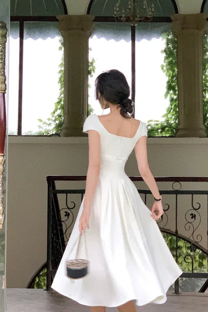 Elegant Fit-and-Flare Square-Neck Short-Sleeve Satin White Midi Evening Dress for Women
