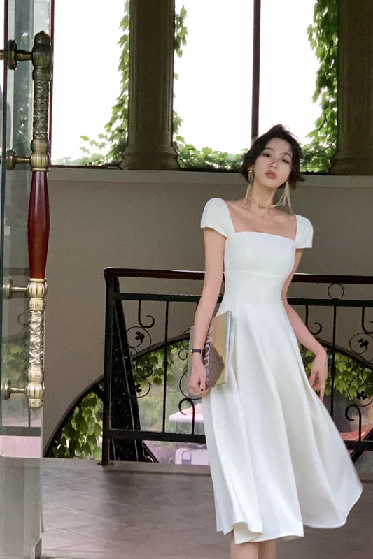 Elegant Fit-and-Flare Square-Neck Short-Sleeve Satin White Midi Evening Dress for Women