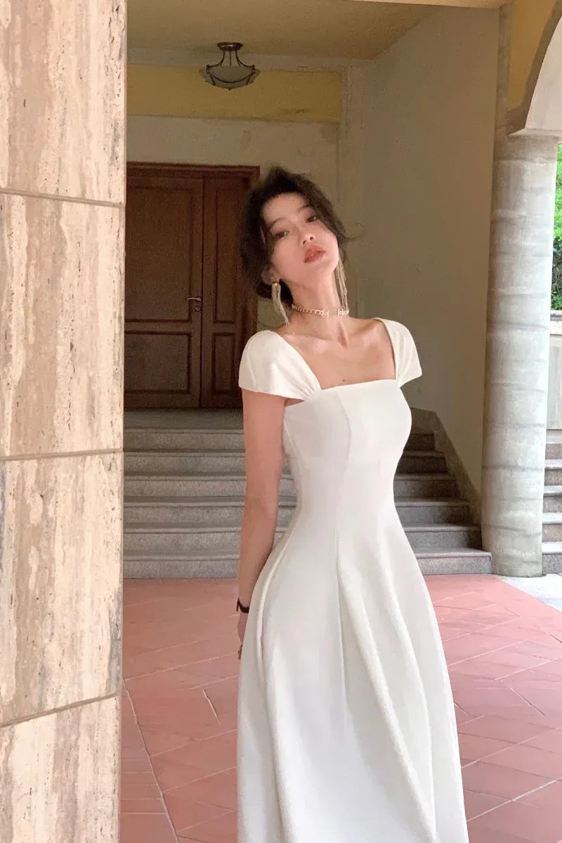 Elegant Fit-and-Flare Square-Neck Short-Sleeve Satin White Midi Evening Dress for Women