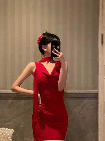 Elegant Fitted Halter Sleeveless Cheongsam Red Midi Prom Dress for Women Custom