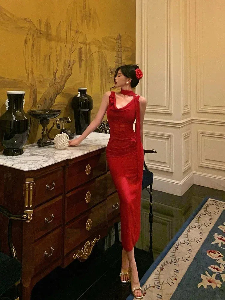 Elegant Fitted Halter Sleeveless Cheongsam Red Midi Prom Dress for Women Custom