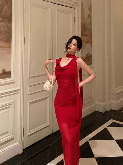 Elegant Fitted Halter Sleeveless Cheongsam Red Midi Prom Dress for Women Custom