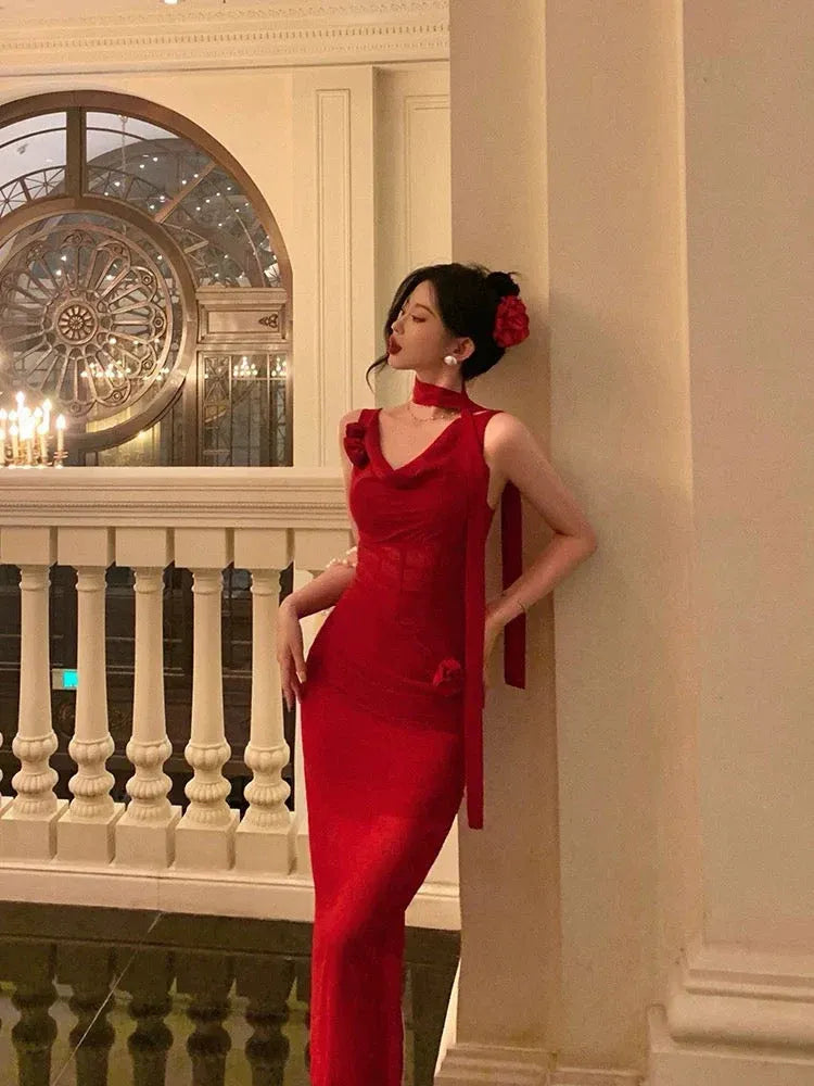 Elegant Fitted Halter Sleeveless Cheongsam Red Midi Prom Dress for Women Custom