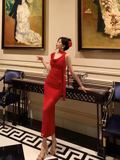 Elegant Fitted Halter Sleeveless Cheongsam Red Midi Prom Dress for Women Custom