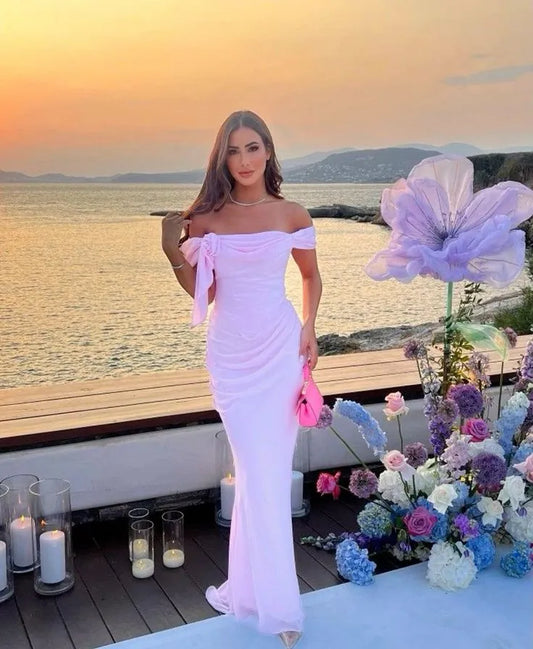 Elegant Fitted Off Shoulder Sleeveless Pleated Chiffon Floor-Length Prom Dress