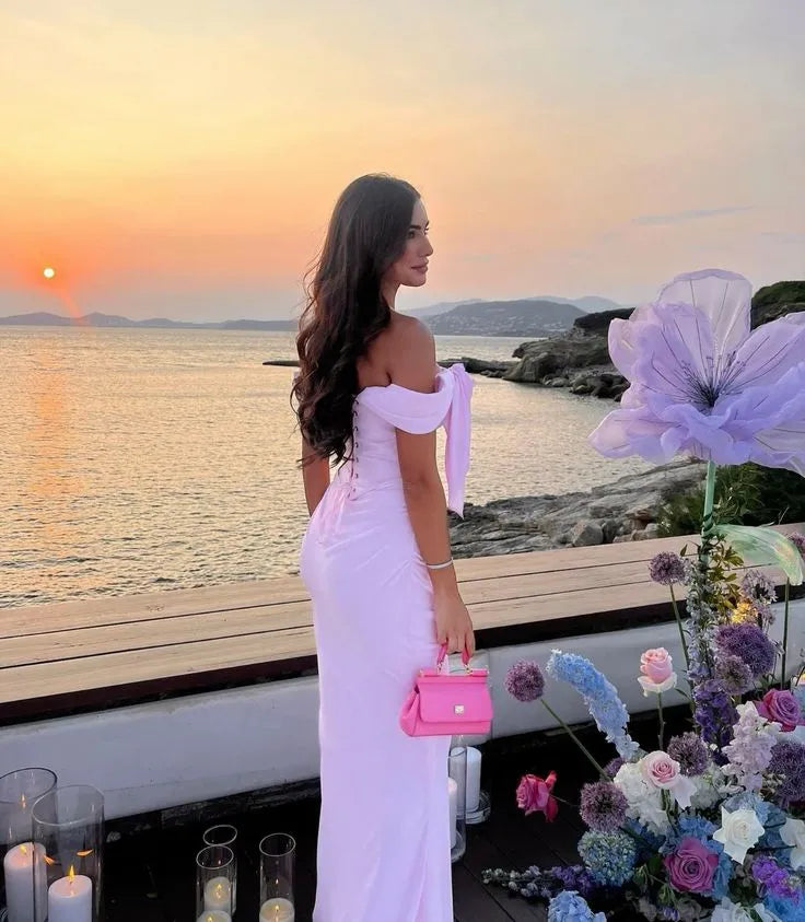 Elegant Fitted Off Shoulder Sleeveless Pleated Chiffon Floor-Length Prom Dress