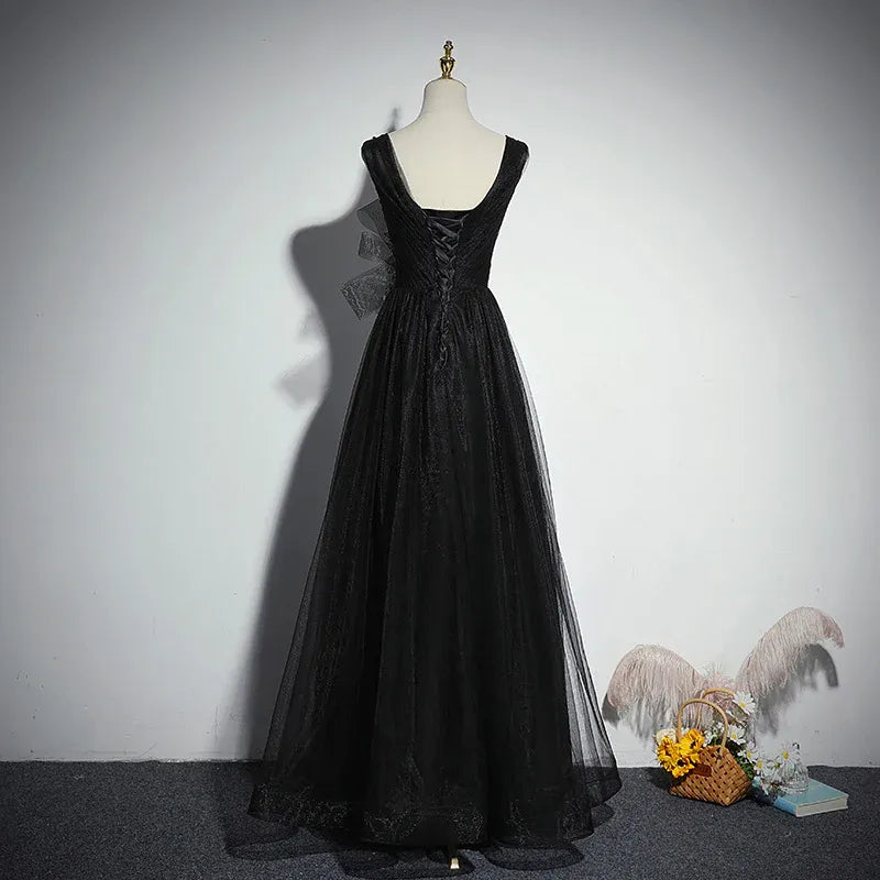 Elegant Glitter Tulle Long Evening Dress Black V-Neck Sleeveless Embellished for Women