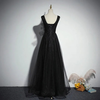 Elegant Glitter Tulle Long Evening Dress Black V-Neck Sleeveless Embellished for Women