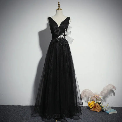 Elegant Glitter Tulle Long Evening Dress Black V-Neck Sleeveless Embellished for Women