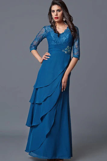 Elegant Half Sleeve V-neck Layered Lace And Chiffon Long Formal Dress Low-V Back Mother Dress