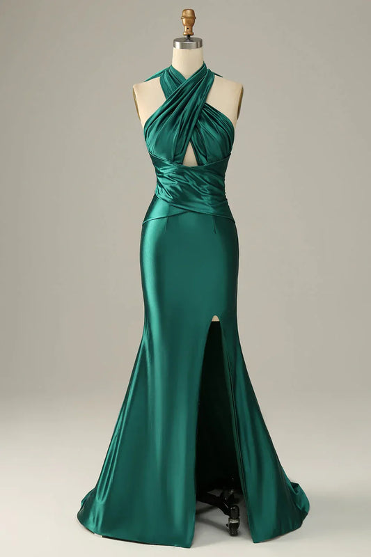 Elegant Halter Neck Sleeveless Mermaid Satin Pleated Floor-Length Prom Dress