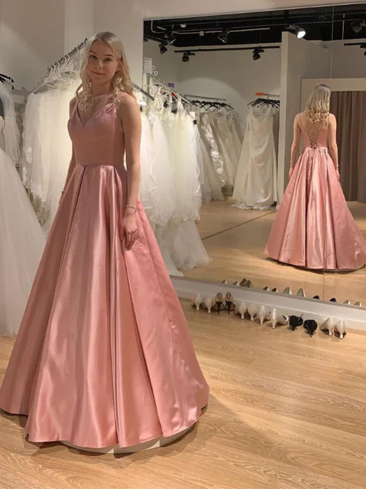Elegant Halter Neck Sleeveless Satin Blush Pink Floor-Length Prom Dress