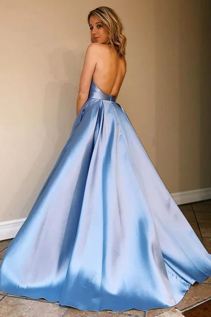Elegant Halter Sleeveless Satin Sky Blue Floor-Length Prom Dress