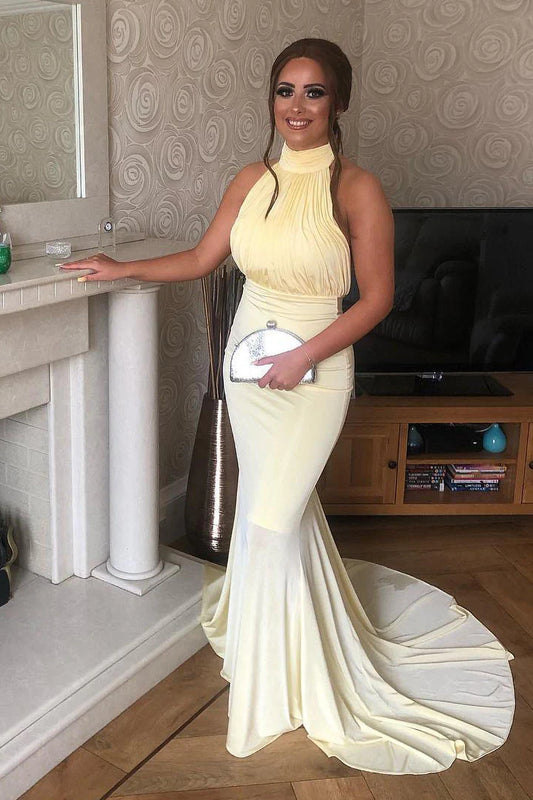 Elegant High Neck Open Back Mermaid Yellow Long Prom Dress/Formal Women's Dresses