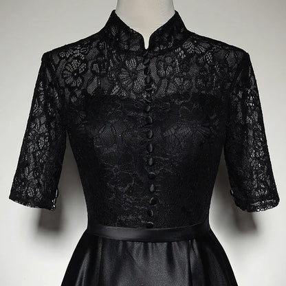 Elegant Lace-Satin Long Evening Dress Black Mandarin-Collar Party Gown for Women
