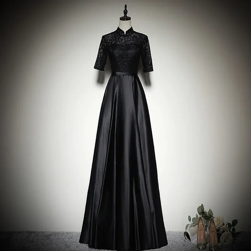 Elegant Lace-Satin Long Evening Dress Black Mandarin-Collar Party Gown for Women