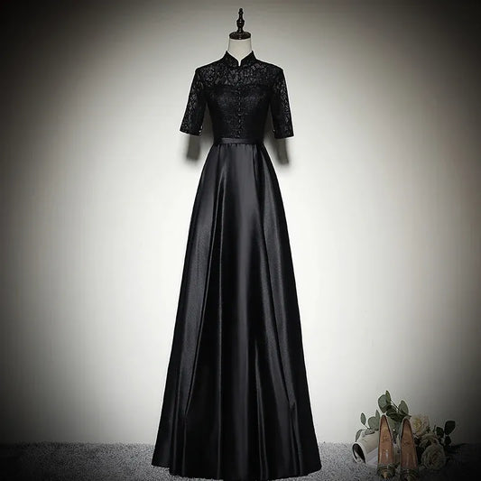 Elegant Lace-Satin Long Evening Dress Black Mandarin-Collar Party Gown for Women